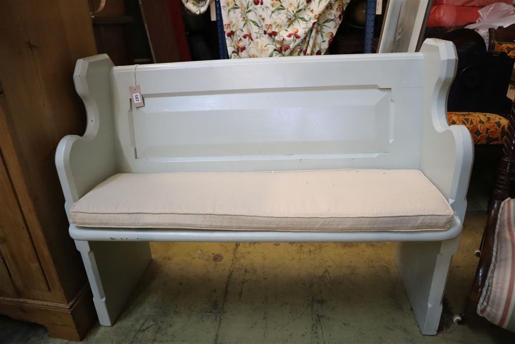 A Victorian painted pine pew, length 110cm, depth 48cm, height 86cm